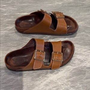 Birkenstock 1774 Brown Double-Buckle Leather Slide Sandals
